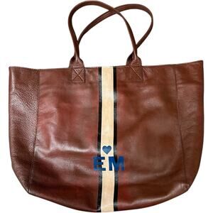 Not Rational Brown Leather Tote Bag with Custom Stripe & Initials “EM”